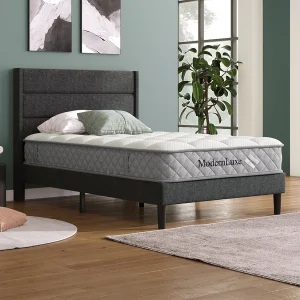 Bed 90×200 cm, frame met lattenbodem en hoofdbord, grijs linnen bed, tijdloos modern design (209x96x111 cm) Bed 90×200 cm, frame met lattenbodem en hoofdbord, grijs linnen bed, tijdloos modern design (209x96x111 cm)