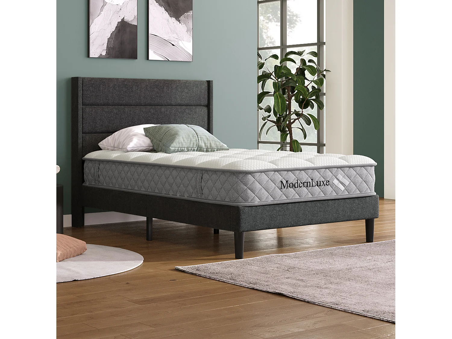 Bed 90x200 cm, frame met lattenbodem en hoofdbord, grijs linnen bed, tijdloos modern design (209x96x111 cm)