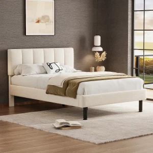 Bed in Sherpa beige 140×190 cm met metalen poten en eenvoudig ontwerp, lattenbodem inbegrepen Bed in Sherpa beige 140×190 cm met metalen poten en eenvoudig ontwerp, lattenbodem inbegrepen