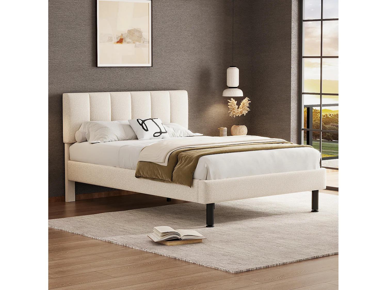 Bed in Sherpa beige 140×190 cm met metalen poten en eenvoudig ontwerp, lattenbodem inbegrepen