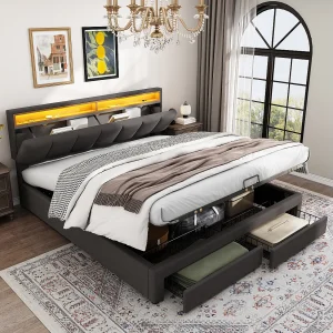 Bed met LED-verlichting, hydraulisch opbergbed met lades en opbergvakken, 160×200 cm, grijs
