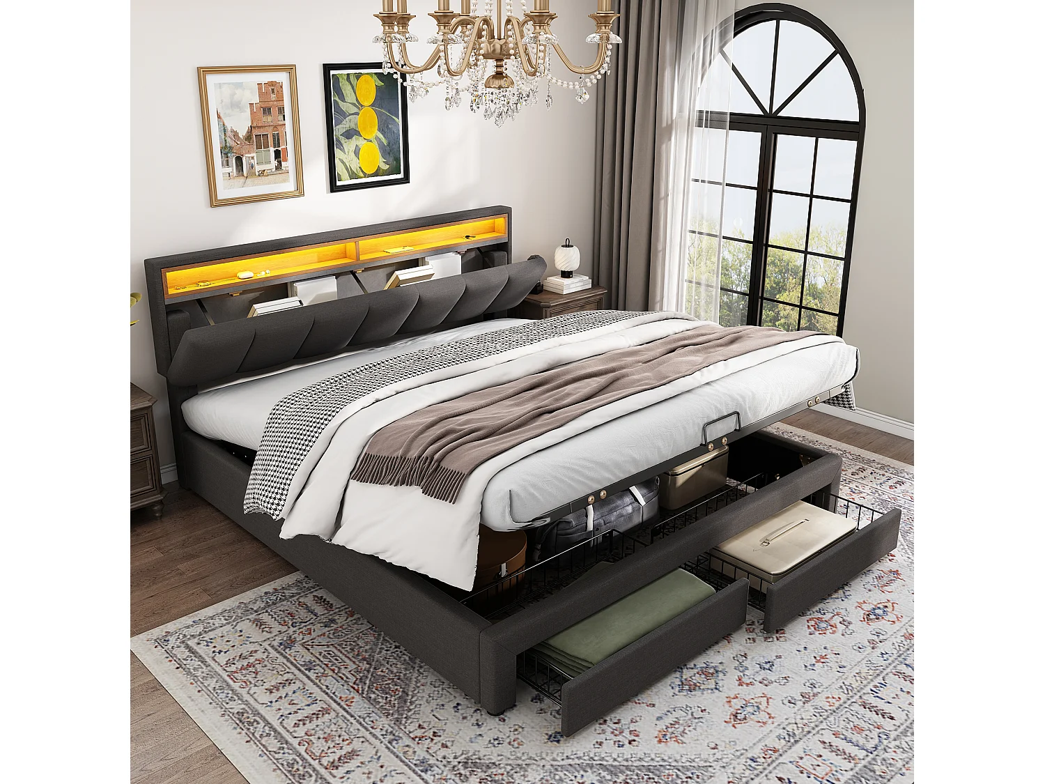 Bed met LED-verlichting, hydraulisch opbergbed met lades en opbergvakken, 160×200 cm, grijs
