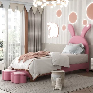 Bed in roze velvet 90×200 cm met twee opbergbanken, LED-verlichting en opvouwbare konijnenoren Bed in roze velvet 90×200 cm met twee opbergbanken, LED-verlichting en opvouwbare konijnenoren
