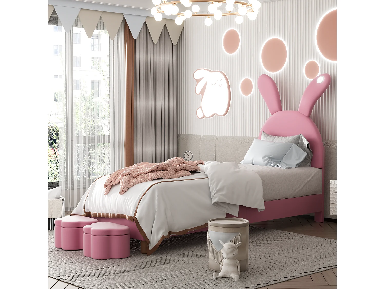 Bed in roze velvet 90x200 cm met twee opbergbanken, LED-verlichting en opvouwbare konijnenoren
