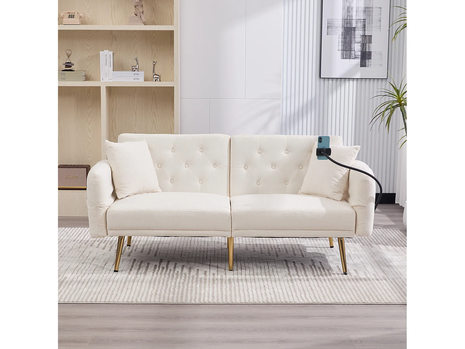 Beige 2-zits slaapbank met 2 USB-poorten, telefoonhouder en zijvakken 173x78X78cm