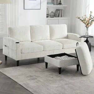 Beige 4-zits rechte bank met opbergruimte voetenbank, zijvakken en bekerhouder 196,5 x 75 x 77 cm Beige 4-zits rechte bank met opbergruimte voetenbank, zijvakken en bekerhouder 196,5 x 75 x 77 cm