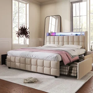 Bed met USB-oplaadfunctie, hoofdeinde met LED-verlichting en 4 lades, 160×200 cm, beige Bed met USB-oplaadfunctie, hoofdeinde met LED-verlichting en 4 lades, 160×200 cm, beige