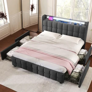 Bed met USB-oplaadfunctie, LED-verlichting en 4 lades, 140×200 cm, grijs, modern ontwerp Bed met USB-oplaadfunctie, LED-verlichting en 4 lades, 140×200 cm, grijs, modern ontwerp