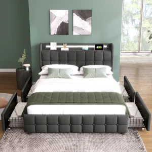 Bed met USB-oplaadfunctie, LED-verlichting en 4 lades, 180×200 cm, grijs, modern ontwerp Bed met USB-oplaadfunctie, LED-verlichting en 4 lades, 180×200 cm, grijs, modern ontwerp