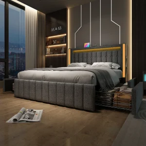 Bed met USB-oplaadfunctie, LED-verlichting en 4 lades, 160×200 cm, grijs, hoofdbord van linnen Bed met USB-oplaadfunctie, LED-verlichting en 4 lades, 160×200 cm, grijs, hoofdbord van linnen