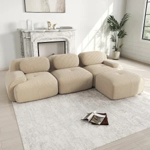 Beige hoekbank – 3-zitsbank met gebogen armleuningen en sierkussens – corduroy Beige hoekbank – 3-zitsbank met gebogen armleuningen en sierkussens – corduroy