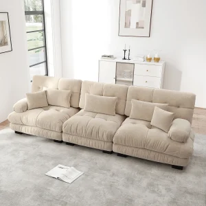 Beige 3-zitsbank – Rechte bank met 3 lendenkussens en 3 sierkussens – chenille Beige 3-zitsbank – Rechte bank met 3 lendenkussens en 3 sierkussens – chenille