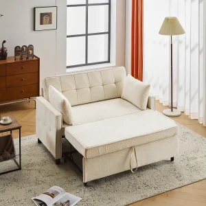 Beige 2-zitsbank – Woonkamerbank met verstelbare rugleuning en uitschuifbedfunctie – 2 kussens en armleuningen – chenille Beige 2-zitsbank – Woonkamerbank met verstelbare rugleuning en uitschuifbedfunctie – 2 kussens en armleuningen – chenille