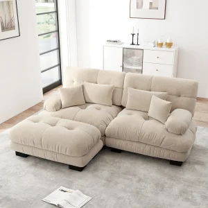 Beige 2-zitsbank – Hoekbank met 2 lendenkussens en 2 sierkussens – armleuningen en voetenbank – chenille Beige 2-zitsbank – Hoekbank met 2 lendenkussens en 2 sierkussens – armleuningen en voetenbank – chenille