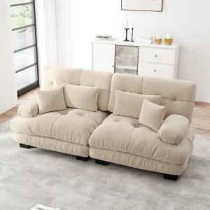 Beige 2-zitsbank – Rechte bank met 2 lendenkussens en 2 sierkussens – chenille Beige 2-zitsbank – Rechte bank met 2 lendenkussens en 2 sierkussens – chenille