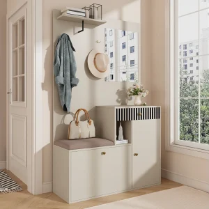 Beige kapstok met spiegel – 1 lade en 2 deuren kast – met kussens en haken Beige kapstok met spiegel – 1 lade en 2 deuren kast – met kussens en haken
