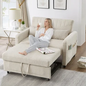 Beige 2-zitsbank – Loungebank met uitschuiffunctie en twee kussens – verstelbare rugleuning – stof van katoen en linnen Beige 2-zitsbank – Loungebank met uitschuiffunctie en twee kussens – verstelbare rugleuning – stof van katoen en linnen