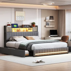 Bed 140×190 met LED en USB, gestoffeerd tweepersoonsbed met lattenbodem en 4 lades, linnen, grijs Bed 140×190 met LED en USB, gestoffeerd tweepersoonsbed met lattenbodem en 4 lades, linnen, grijs
