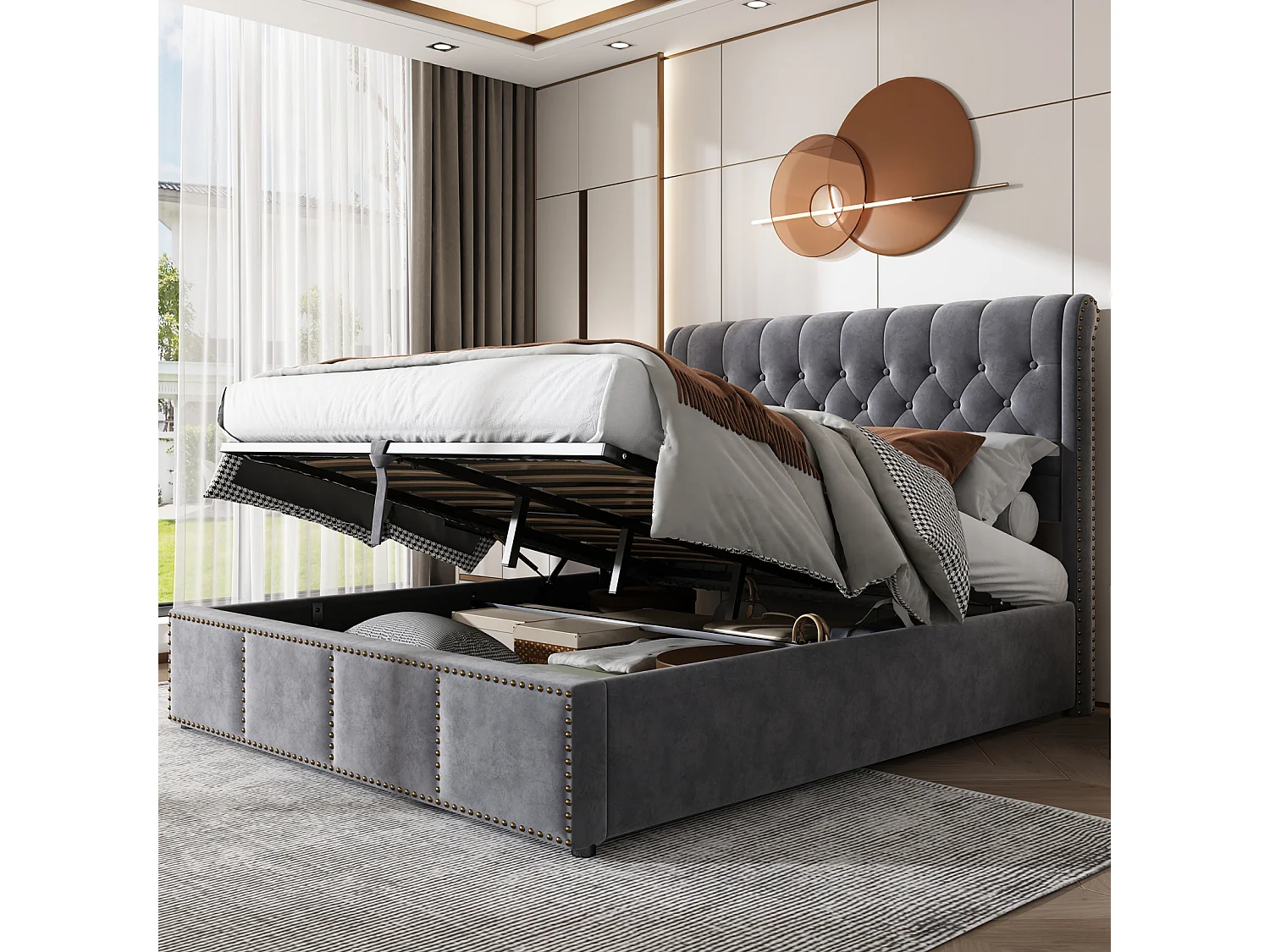 Bed van 160x200 cm met lattenbodem, opbergruimte en decoratieve klinknagels, tweepersoonsbed met lattenbodem, grijs