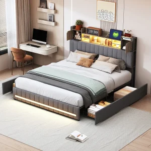 Bed 160×200 met LED en USB, tweepersoonsbed met lattenbodem en 4 lades, linnen, grijs Bed 160×200 met LED en USB, tweepersoonsbed met lattenbodem en 4 lades, linnen, grijs