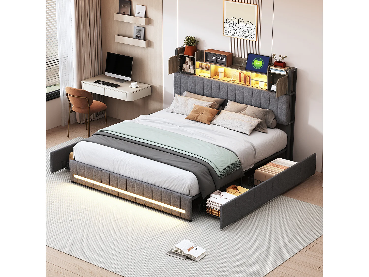 Bed 160x200 met LED en USB, tweepersoonsbed met lattenbodem en 4 lades, linnen, grijs