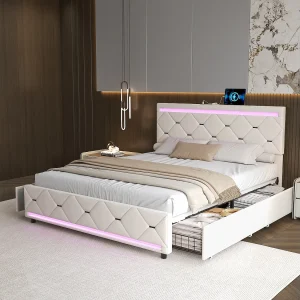 Bed 140×200 met LED-bodem en USB, gestoffeerd tweepersoonsbed met 4 opbergladen, gebroken wit