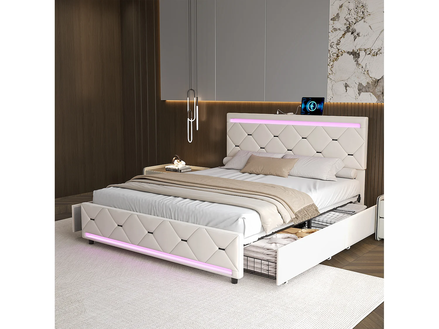 Bed 140x190 met LED-basis en USB, Gestoffeerd tweepersoonsbed met 4 opbergladen, Gebroken wit