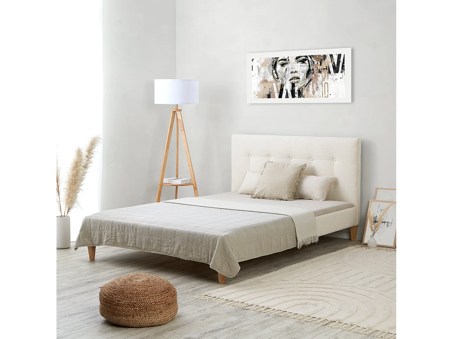 Bed 140x200 cm beige Gestoffeerd bed met lattenbodem Stoffen bedframe
