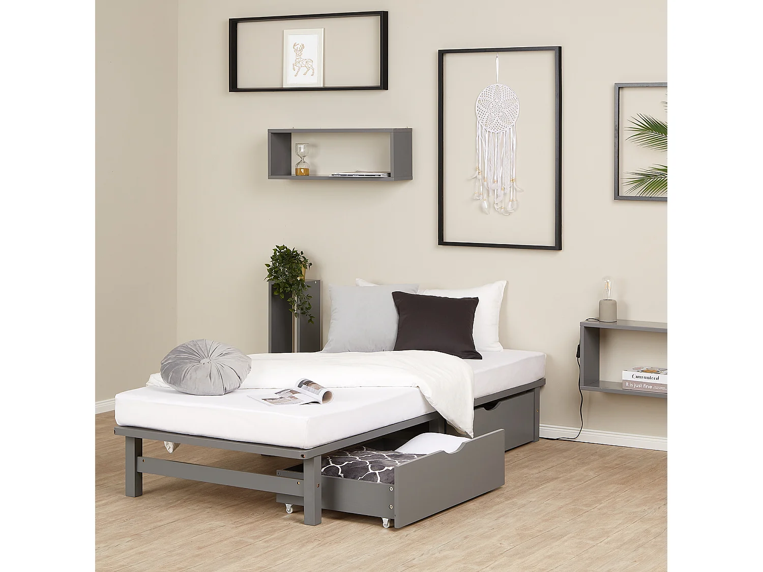 Bed 90x200 cm grijs Pallet