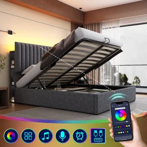 Bed met opbergruimte en LED-hoofdeinde, 140×200 cm, grijs, met USB- en Type-C-aansluitingen Bed met opbergruimte en LED-hoofdeinde, 140×200 cm, grijs, met USB- en Type-C-aansluitingen