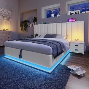 Bed met hydraulische opbergruimte 160×200 cm, LED-verlichting via app, wit, zonder matras Bed met hydraulische opbergruimte 160×200 cm, LED-verlichting via app, wit, zonder matras