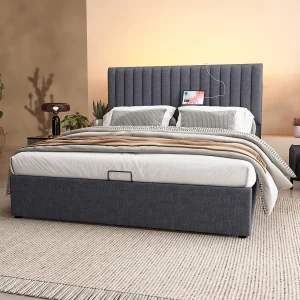 Bed met opbergruimte en LED-hoofdeinde, 160×200 cm, grijs, met USB- en Type-C-aansluitingen Bed met opbergruimte en LED-hoofdeinde, 160×200 cm, grijs, met USB- en Type-C-aansluitingen