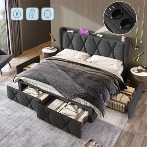 Bed met opbergruimte 140×200 cm, grijs, hoofdeinde met USB-aansluitingen en 4 praktische lades
