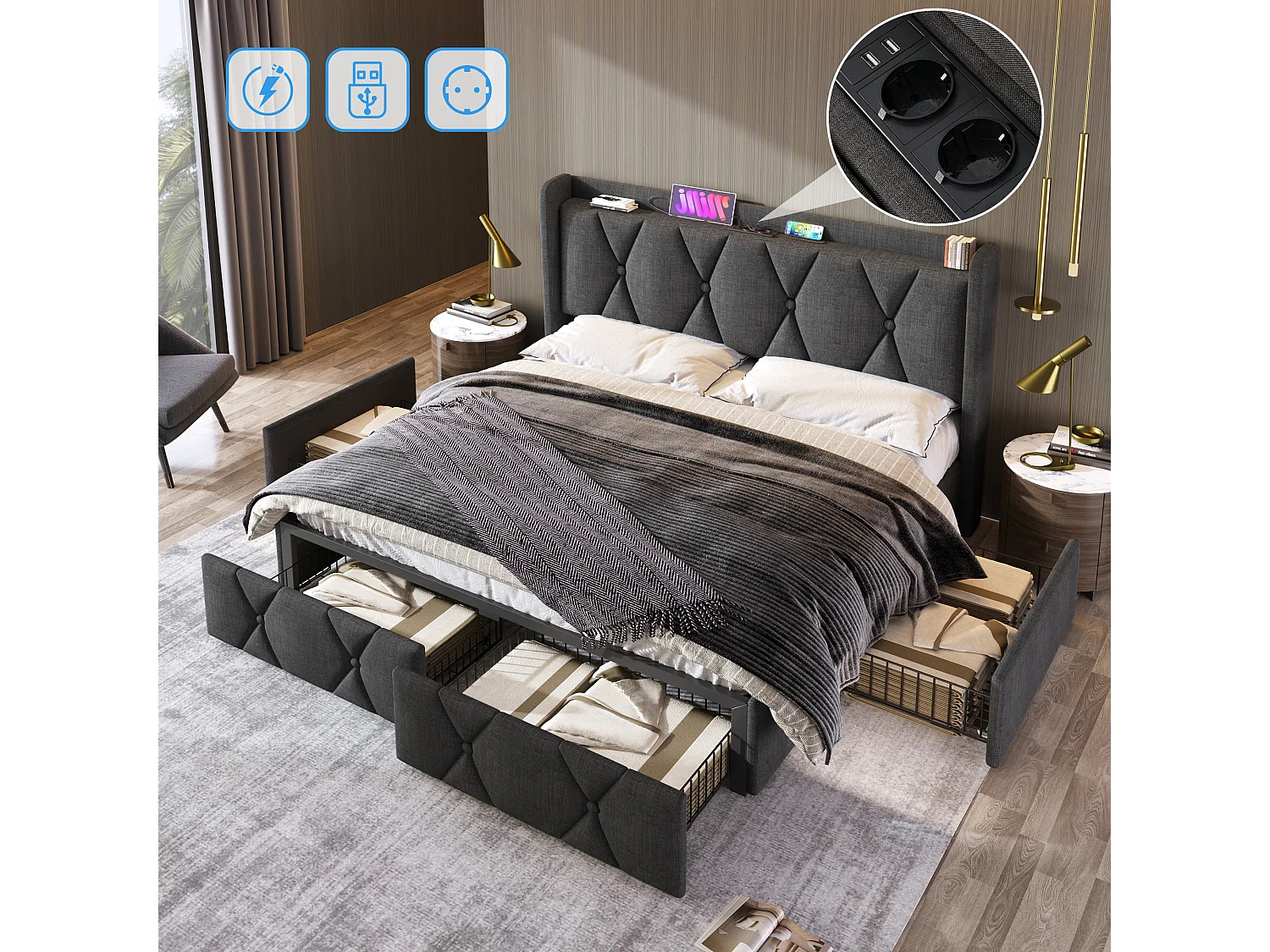 Bed met opbergruimte 140x200 cm, grijs, hoofdeinde met USB-aansluitingen en 4 praktische lades