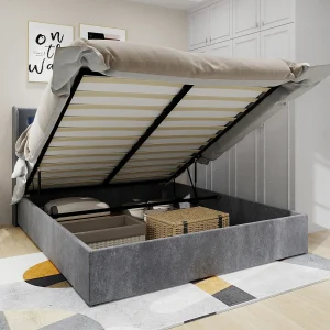 Bed met opbergruimte 140×200 cm met ledverlichting, houten lattenbodem – grijs fluweel (zonder matras) Bed met opbergruimte 140×200 cm met ledverlichting, houten lattenbodem – grijs fluweel (zonder matras)