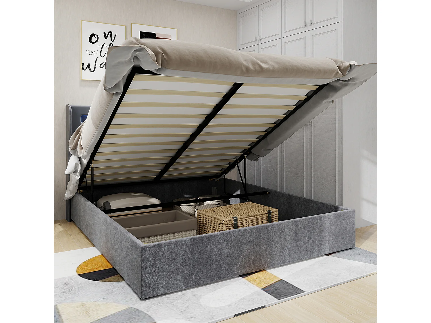 Bed met opbergruimte 160x200 cm met ledverlichting, houten lattenbodem - grijs fluweel (zonder matras)