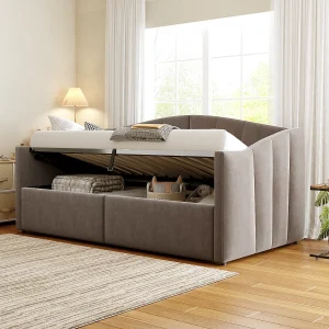 Bed/Sofa 90×200 cm, met hydraulische opslag, in grijs fluweel, met armleuningen en lattenbodem Bed/Sofa 90×200 cm, met hydraulische opslag, in grijs fluweel, met armleuningen en lattenbodem