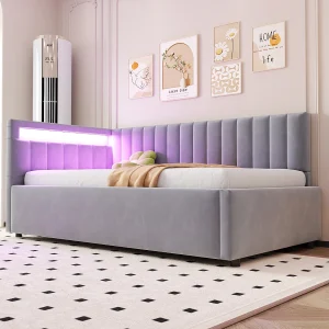 Bed/sofa bed 90×200 cm, grijs, met LED-verlichting en hydraulische opslag, klassiek verticaal gestreept ontwerp Bed/sofa bed 90×200 cm, grijs, met LED-verlichting en hydraulische opslag, klassiek verticaal gestreept ontwerp