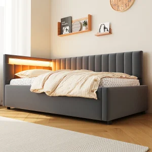 Bed/Slaapbank 90×200 cm, grijs, met LED-verlichting en hydraulische opslag, klassiek verticaal gestreept ontwerp Bed/Slaapbank 90×200 cm, grijs, met LED-verlichting en hydraulische opslag, klassiek verticaal gestreept ontwerp
