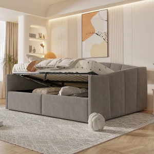 Bed/Sofa 140×200 cm, met hydraulische opslag, grijze fluwelen bekleding, veiligheidsleuning en armleuningen Bed/Sofa 140×200 cm, met hydraulische opslag, grijze fluwelen bekleding, veiligheidsleuning en armleuningen