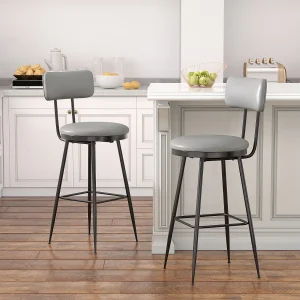 Barkrukken, set van 2, hoge keukenstoel, barstoel met voetenbank en rugleuning, voor eetkamer, keuken, kunstleer, grijs