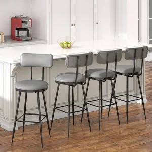 Barkrukken, set van 4, hoge keukenstoel, barstoel met voetenbank en rugleuning, voor eetkamer, keuken, kunstleer, grijs