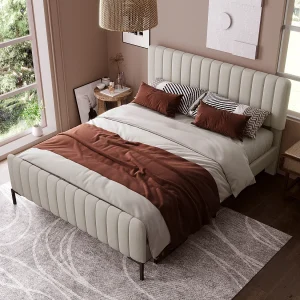 Bed 160×200 cm – Beigegrijs linnen – Gestoffeerd bed met verstelbaar hoofdbord en lattenbodem – zonder matras Bed 160×200 cm – Beigegrijs linnen – Gestoffeerd bed met verstelbaar hoofdbord en lattenbodem – zonder matras