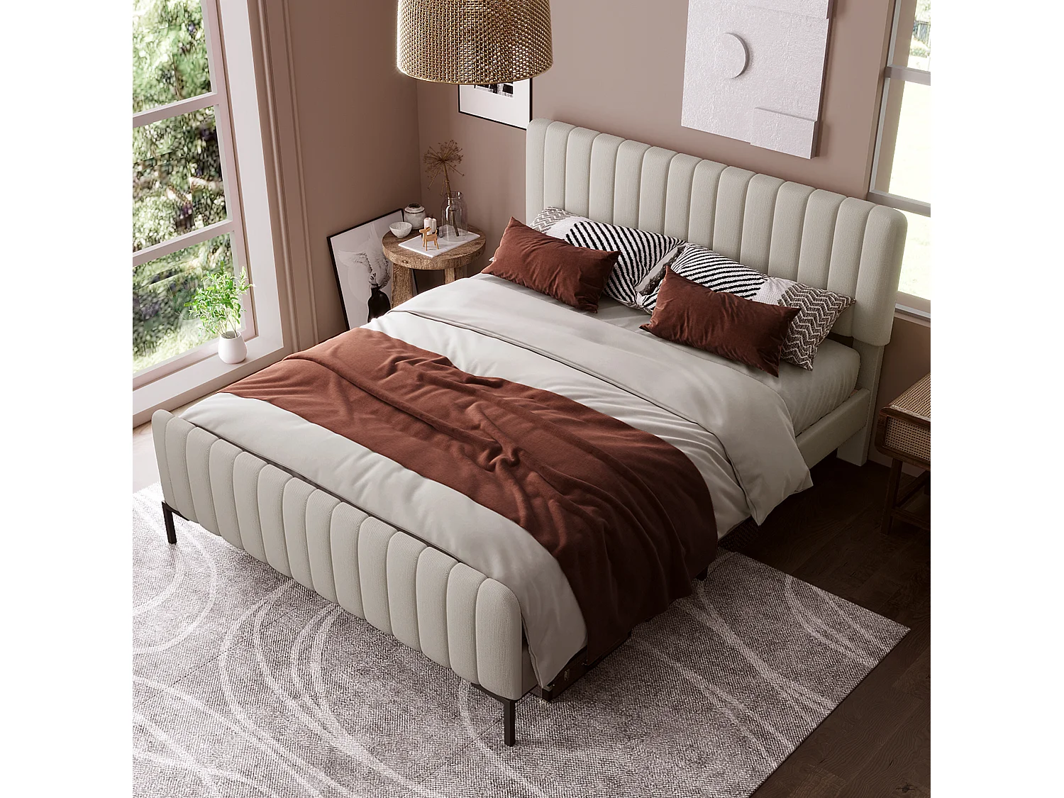Bed 160x200 cm - Beigegrijs linnen - Gestoffeerd bed met verstelbaar hoofdbord en lattenbodem - zonder matras