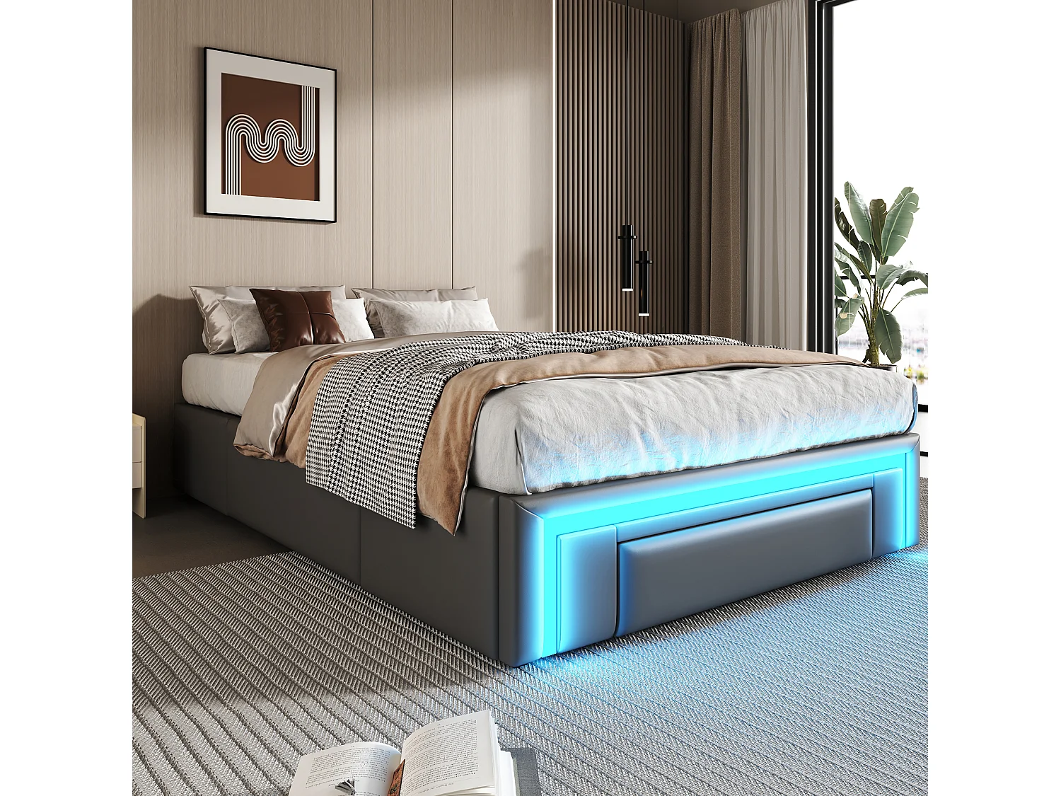 Bed 90×200 cm van PU-leer in grijs met lades, zonder hoofdbord, metalen frame met LED-verlichting