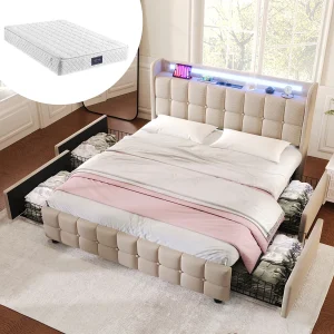 Beige tweepersoonsbed 140x200cm met 4 lades, USB-oplader en LED, matras + linnen stof Beige tweepersoonsbed 140x200cm met 4 lades, USB-oplader en LED, matras + linnen stof