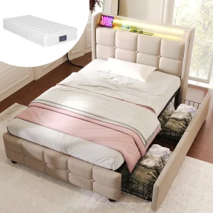 Beige eenpersoonsbed 90x200cm met matras, 2 lades, USB-oplader en LED Beige eenpersoonsbed 90x200cm met matras, 2 lades, USB-oplader en LED