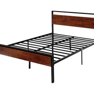 Bedframe SucceBuy Queen Size, Platform Bedframe van Zwart Metaal, 31 cm Vrije Ruimte, met Kop- en Voeteneinde van Retro Bruin Hout, Grote Opslagruimte