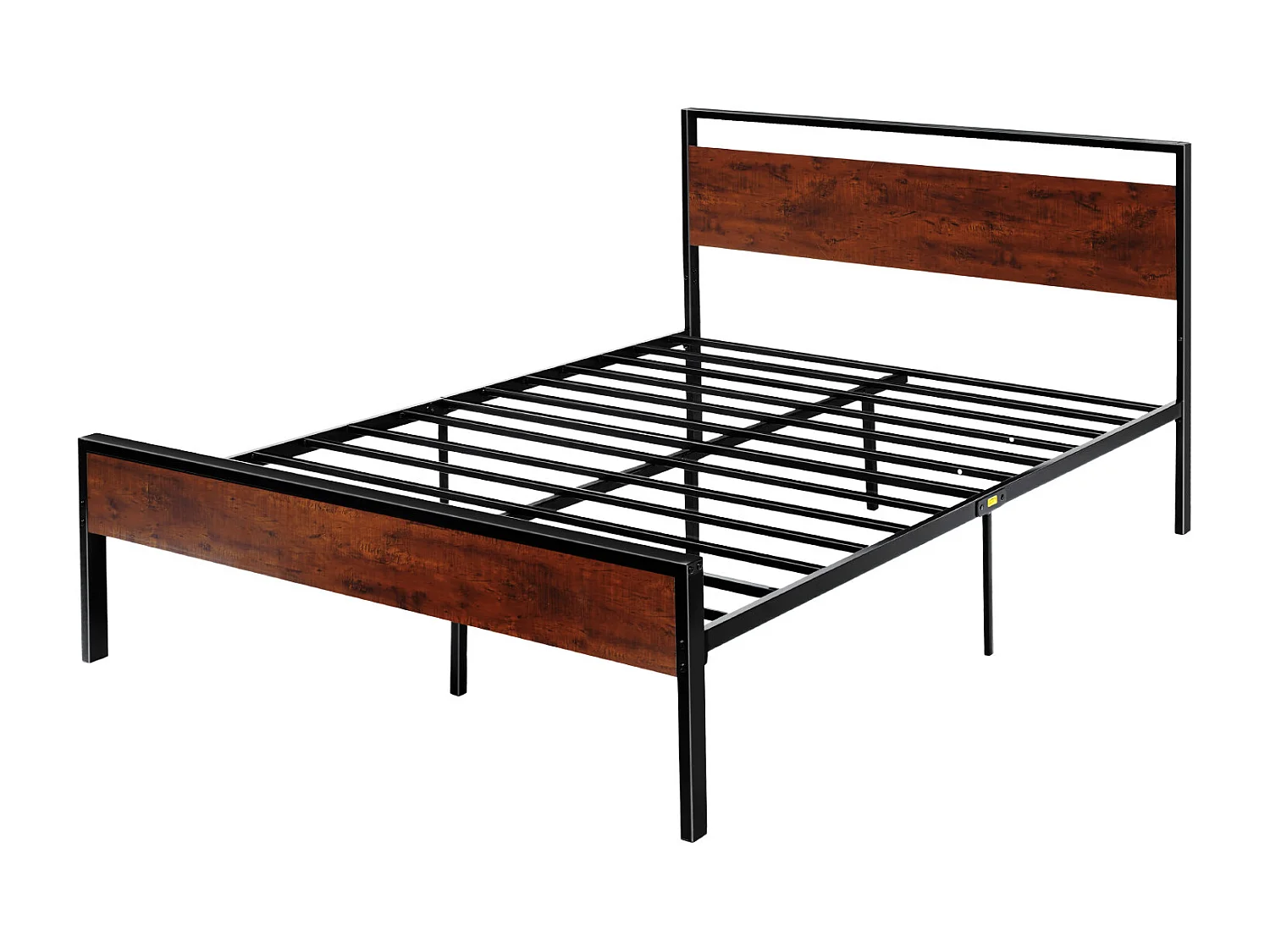 Bedframe SucceBuy Queen Size, Platform Bedframe van Zwart Metaal, 31 cm Vrije Ruimte, met Kop- en Voeteneinde van Retro Bruin Hout, Grote Opslagruimte