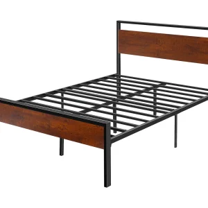 Bedframe SucceBuy Dubbel Full Size, Platform Bedframe van Zwart Metaal, 31 cm Vrije Ruimte, met Kop- en Voeteneinde van Retro Bruin Hout, Grote Opslagruimte